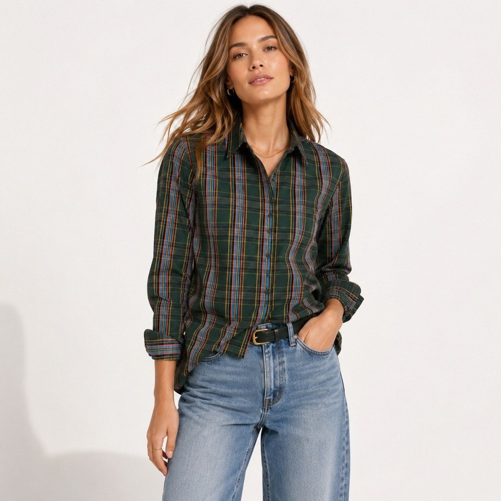 The Shirt Rochelle Behrens Top Women S Green Plaid L/S Button Up Academia Office